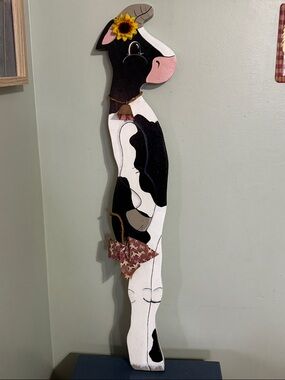 Hand-Painted Wooden Cow Wall Decor - Black, White & Pink
